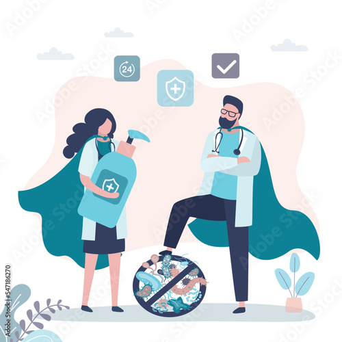 Superhero doctors defeated various bacteria and microorganisms. Stop the spread of disease-causing bacteria and pathogens. Antiseptic, wash hands. Doctors warning about vaccination,