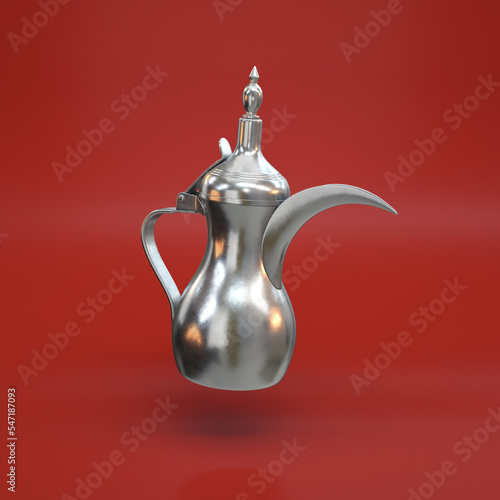 Silver traditional Arab coffee pot Dallah floating on a red background, 3d render photo