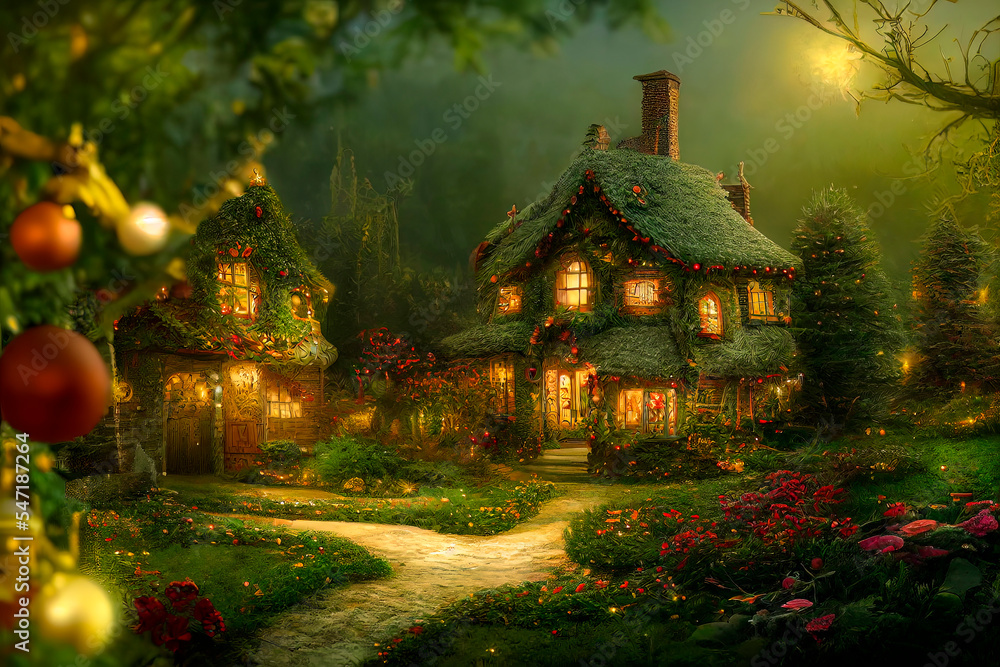 Natural landscape of a fairy tale country, with houses and flowers. Cartoon style. Multi colored fairy lights for the Christmas tree. Advertising for books, illustrations and cartoons. Natural landscape of a fairy tale country, with houses and flowers. Cartoon style. Multi colored fairy lights for the Christmas tree. Advertising for books, illustrations and cartoons.