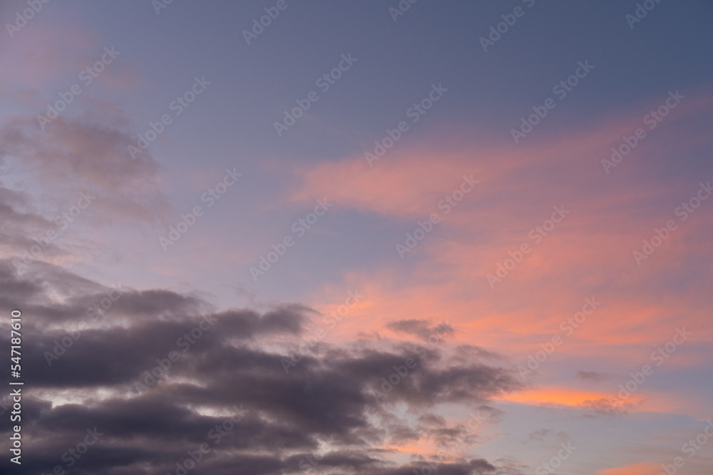 Gorgeous evening or morning sky with a pink cast and dark clouds. Landscape photo of pink cumulonimbus clouds in a sky at sunset.