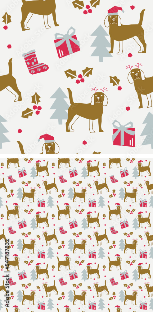 Chunky beagle characters, colorful party. Shape-based dog and simple style background. Geometric low poly animal pattern. Flat dog design,  Colorful seamless winter X-mas pattern for kids.