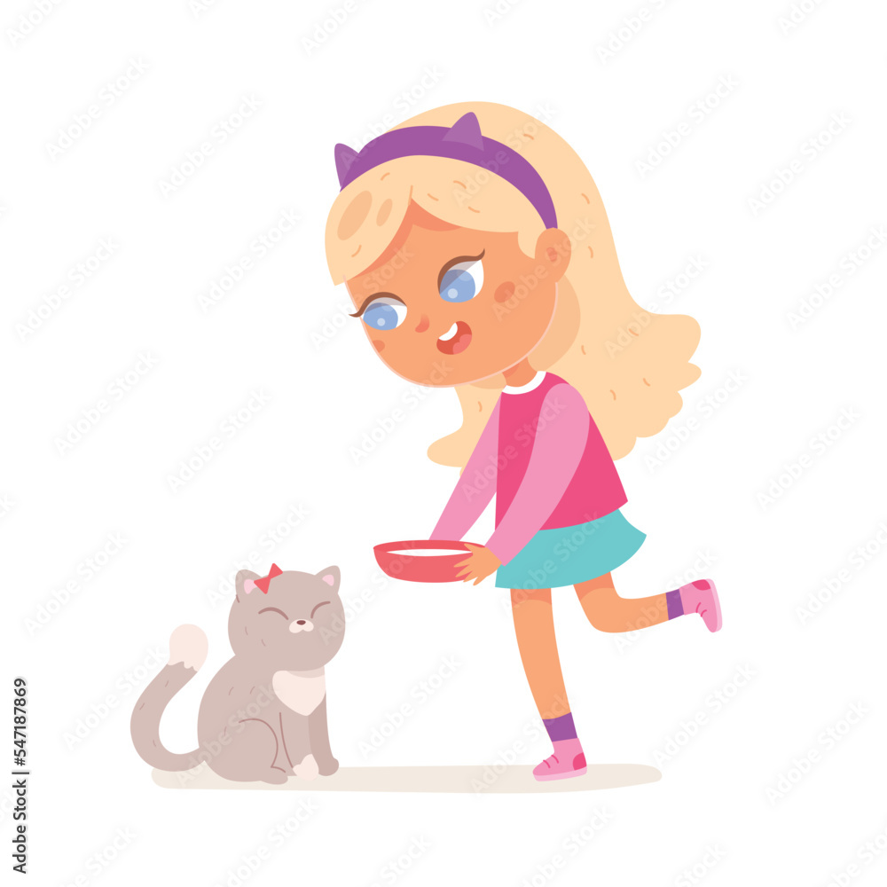 Girl feeding cat, kid pet owner holding plate of milk to feed fluffy cute kitten with bow