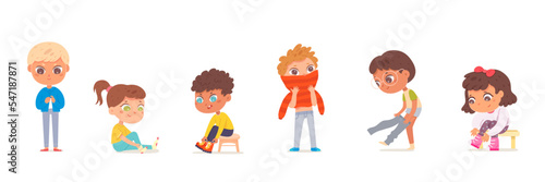 Kids dressing up set, isolated confident adorable girls and boys put up clothes by himself