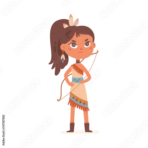 American Indian little girl with native bow and arrow for archery shoot, tribal costume