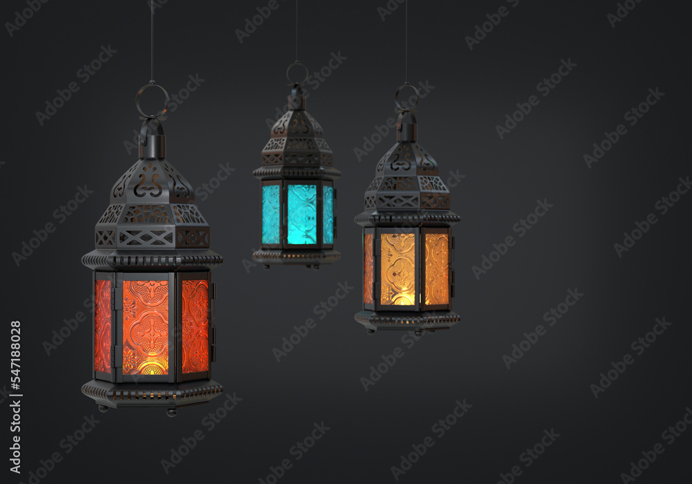 Black glowing arabic lanterns with multicolored glasses hanging on a black background. 3d render - obrazy, fototapety, plakaty 
