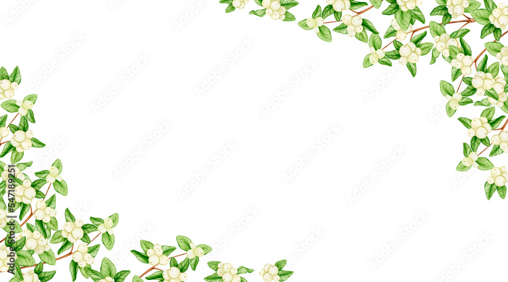Banner from branches with white berries. Watercolor illustration for Christmas, New Year, birthday, wedding, anniversary. Design for postcards, invitations, congratulations, cards, greetings, tags. Banner from branches with white berries. Watercolor illustration for Christmas, New Year, birthday, wedding, anniversary. Design for postcards, invitations, congratulations, cards, greetings, tags.