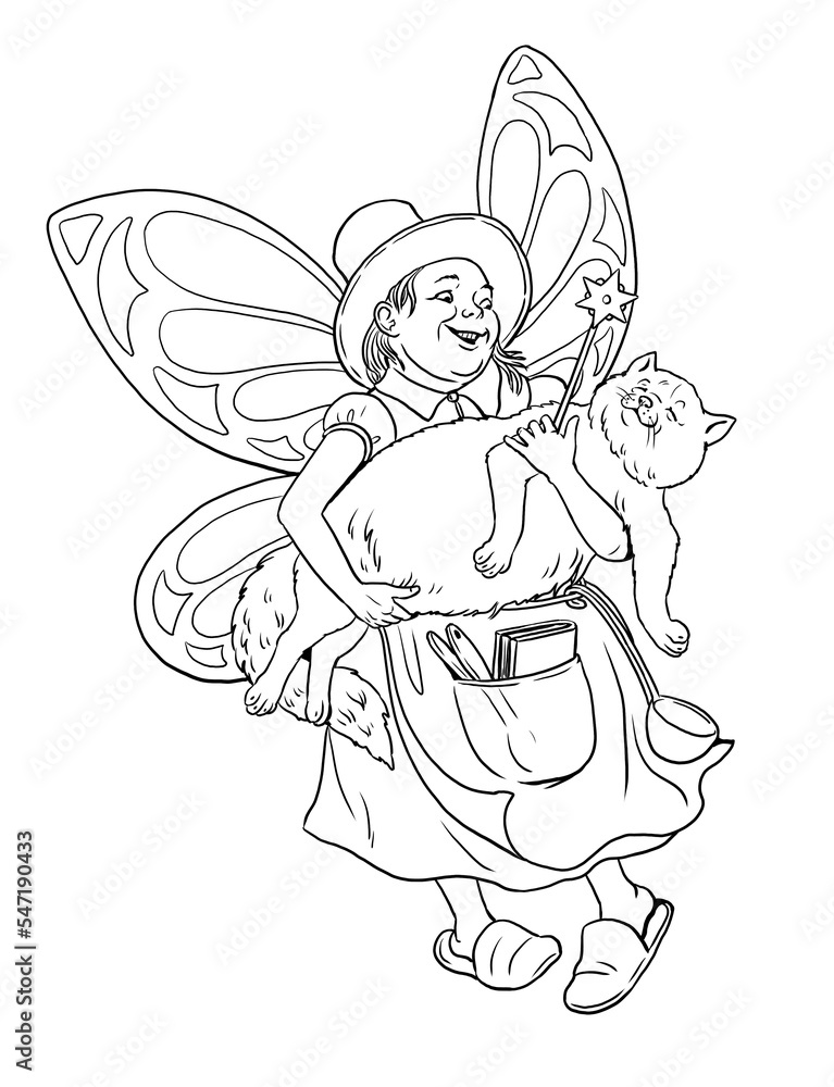 Funny flying fairy with the fat cat. Coloring page with the magician ...
