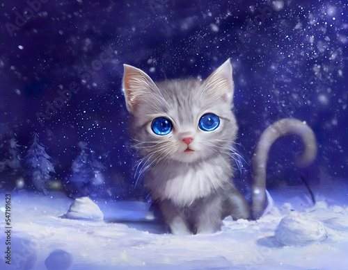 cat in snow, blue eyes cat in winter, grey cat in the night, cute illustration, greeting card, winter, Christmas, digital