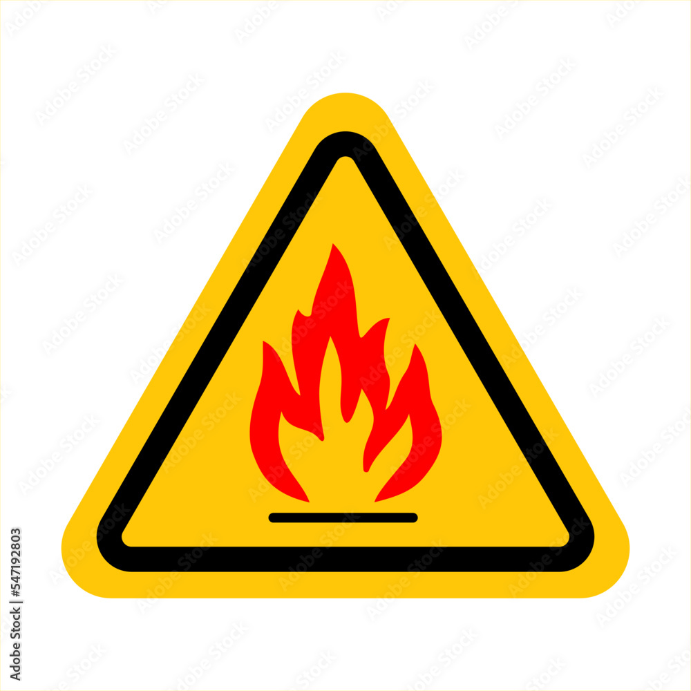 Danger warning caution. Flammable substances sign. Yellow triangle sign board warning sign with flame fire inside. Caution flammable materials. Vector illustration EPS 10 Danger warning caution. Flammable substances sign. Yellow triangle sign board warning sign with flame fire inside. Caution flammable materials. Vector illustration EPS 10