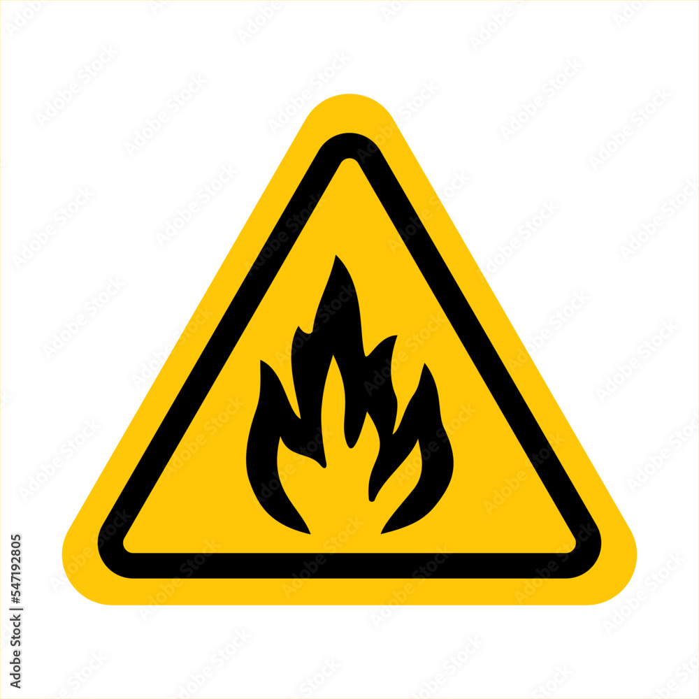 Danger warning caution. Flammable substances sign. Yellow triangle sign board warning sign with flame fire inside. Caution flammable materials. Vector illustration EPS 10 Danger warning caution. Flammable substances sign. Yellow triangle sign board warning sign with flame fire inside. Caution flammable materials. Vector illustration EPS 10