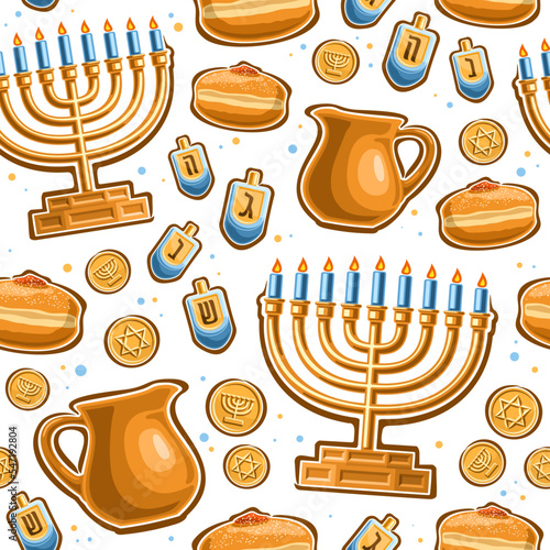 Vector Hanukkah seamless pattern, square repeating background with illustrations of gold candle holder, four dreidel, sweet sufganiyot and token gelt on white background, wrapping paper for hanukkah