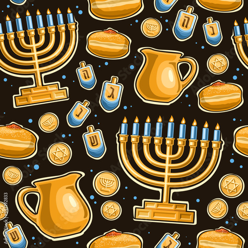 Vector Hanukkah seamless pattern, repeating background with illustrations of candle holder, 4 dreidel, sweet sufganiyot and gelt with star of David on black background, wrapping paper for hanukkah