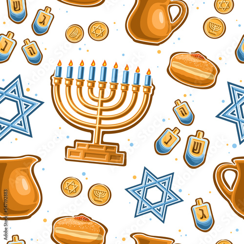 Vector Hanukkah seamless pattern, square repeating background with illustrations of golden candle holder, 4 dreidels, sweet hanukkah sufganiyot on white background, wrapping paper for hanukkah holiday