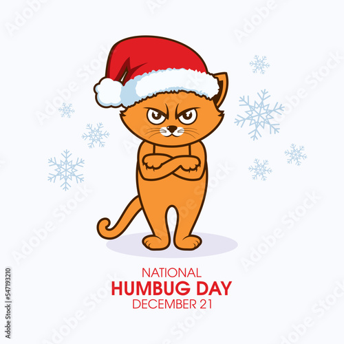National Humbug Day vector. Grumpy cat with santa hat icon vector. Funny angry christmas cat cartoon character. Red cat with arms crossed drawing. December 21. Important day