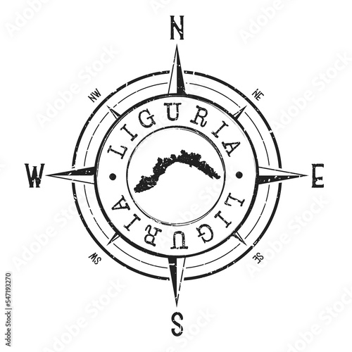 Liguria, Italy Stamp Map Compass Adventure. Illustration Travel Country Symbol. Seal Expedition Wind Rose Icon.