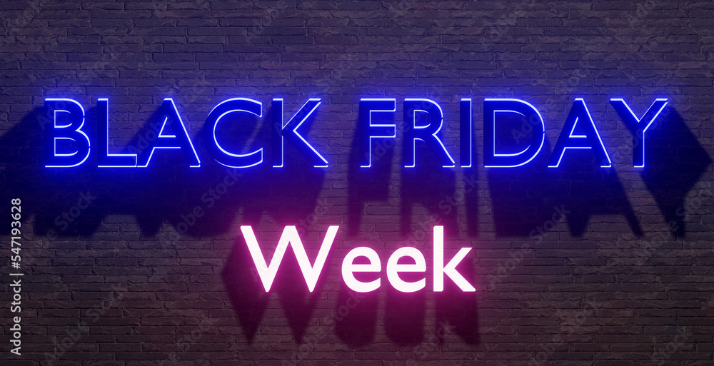 Black Friday web banner with neon text on brick wall. 3D render illustration.