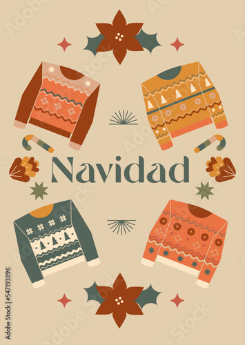 Set iconos ilustración vectorial, suéteres navideños. Feliz Navidad. Ropa navideña. Stickers navideños.