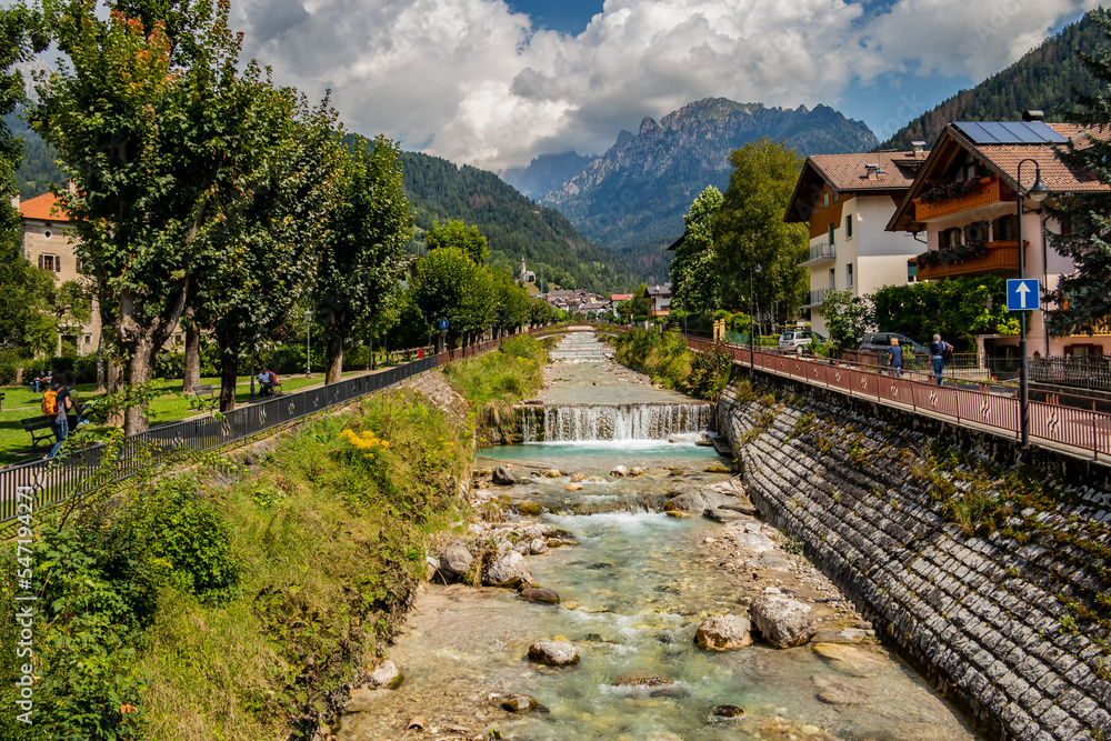 River view of Fiera di Primiero.August 2022 Fiera Di Primiero, Trentino Alto Adige - Italy