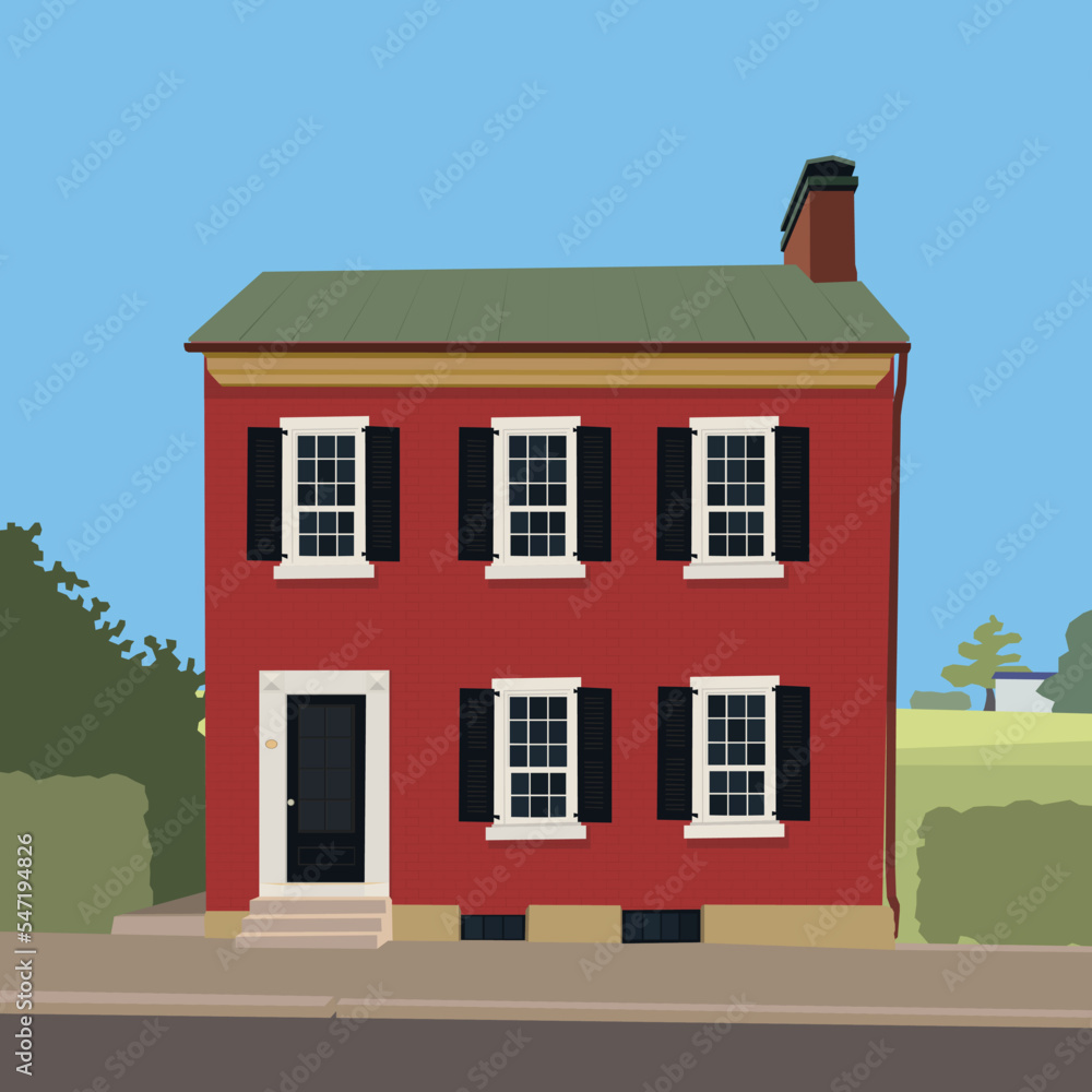 Red classic two-storey house on the background of nature Red classic two-storey house on the background of nature