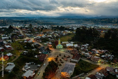 Aerial view of the Chonchi town at dusk photo