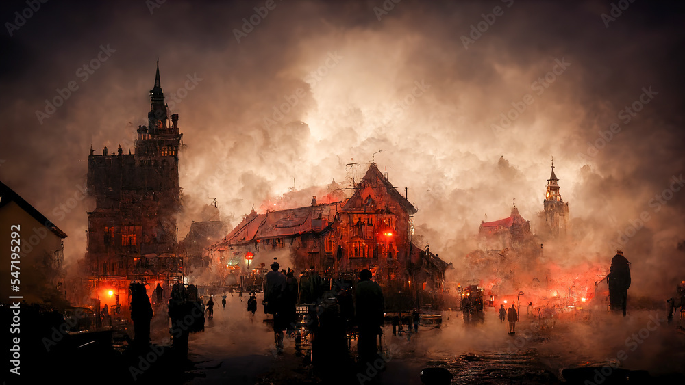 Plague epidemic in a medieval town, illustration