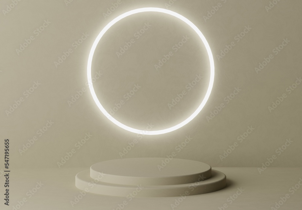 Brown khaki yellow pastel pedestal of platform display stand podium with glowing white lighting circle on khaki background. Empty product shelf. 3D rendering Brown khaki yellow pastel pedestal of platform display stand podium with glowing white lighting circle on khaki background. Empty product shelf. 3D rendering