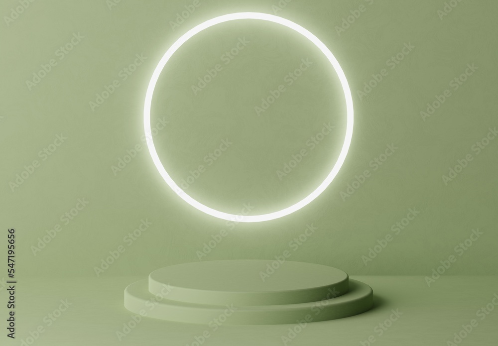 Olive green pastel pedestal of platform display stand podium with glowing white lighting circle on green background. Empty product shelf. 3D rendering Olive green pastel pedestal of platform display stand podium with glowing white lighting circle on green background. Empty product shelf. 3D rendering