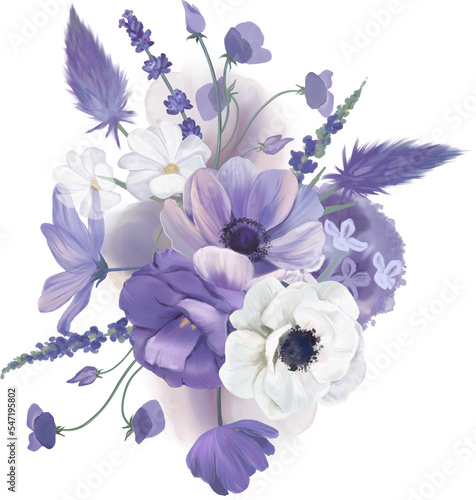 Watercolor floral bouquet illustration set. Violet, purple flowers bouquets collection. Wedding invitations, cards, greetings, digital scrapbooking, wallpapers, background. PNG