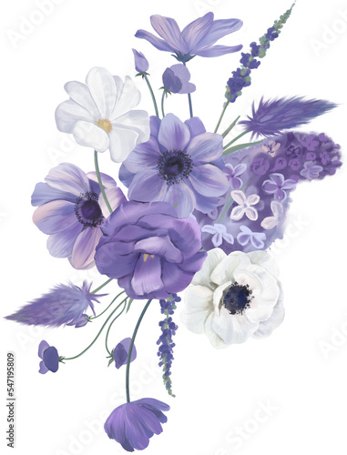 Watercolor floral bouquet illustration set. Violet, purple flowers bouquets collection. Wedding invitations, cards, greetings, digital scrapbooking, wallpapers, background. PNG