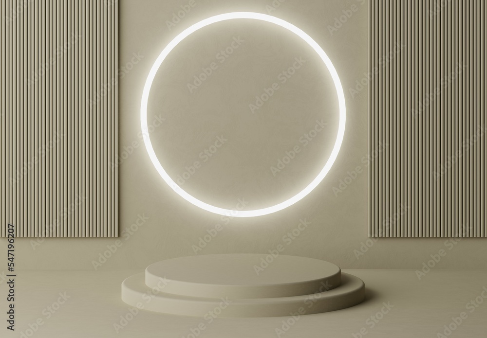 Brown khaki yellow pastel pedestal of platform display stand podium with glowing white lighting circle on khaki background with embossed ribbed rectangles . Empty product shelf. 3D rendering Brown khaki yellow pastel pedestal of platform display stand podium with glowing white lighting circle on khaki background with embossed ribbed rectangles . Empty product shelf. 3D rendering