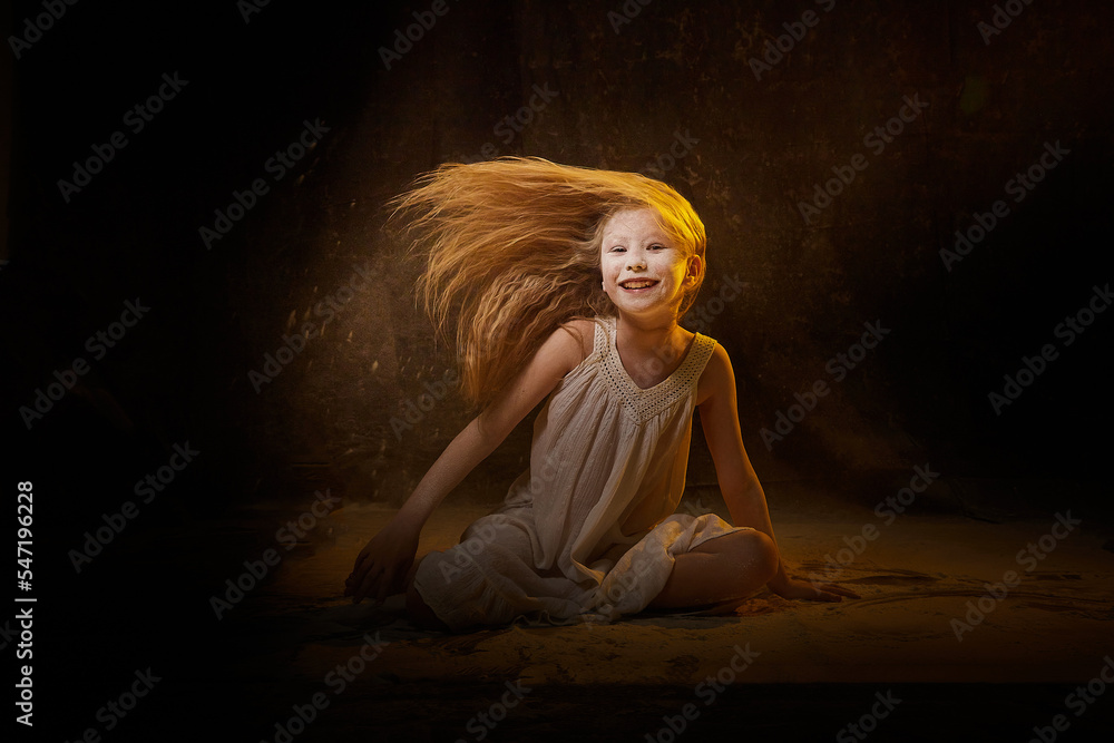 A girl in a white shirt and with long hair, looking like a ghost. A young model at a photo shoot with smoke, fog, flour, dust. A little fairy girl on a dark black background A girl in a white shirt and with long hair, looking like a ghost. A young model at a photo shoot with smoke, fog, flour, dust. A little fairy girl on a dark black background