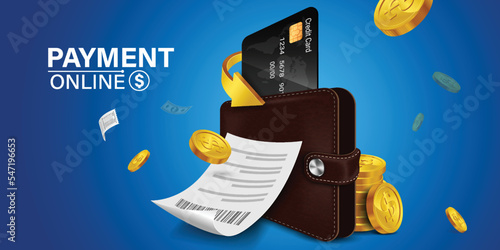 The credit card is on the smartphone and there are coins around it.Mobile payment concept without ATM or bank. Cashback via mobile application or via credit card. Paying bill using mobile phone bill.