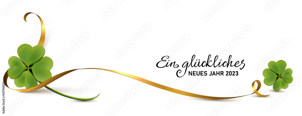 Neujahr 2023 Grußkarte - Kleeblätter mit geschwungenem Gold Band und Schriftzug - obrazy, fototapety, plakaty 