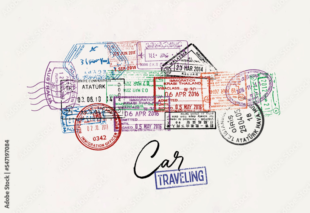 Car made from a passport stamps different countries poster style