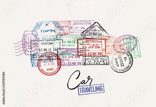 Obraz na płótnie Car made from a passport stamps different countries poster style w salonie
