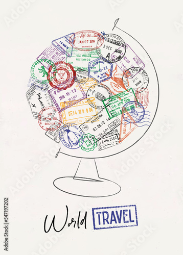 Globe made from a passport stamps different countries with lettering world travel poster style