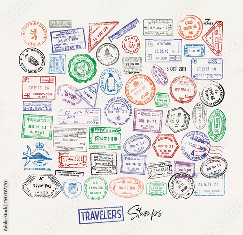 Passport stamp from different countries colorful icon set with lettering travelers stamp poster style photo