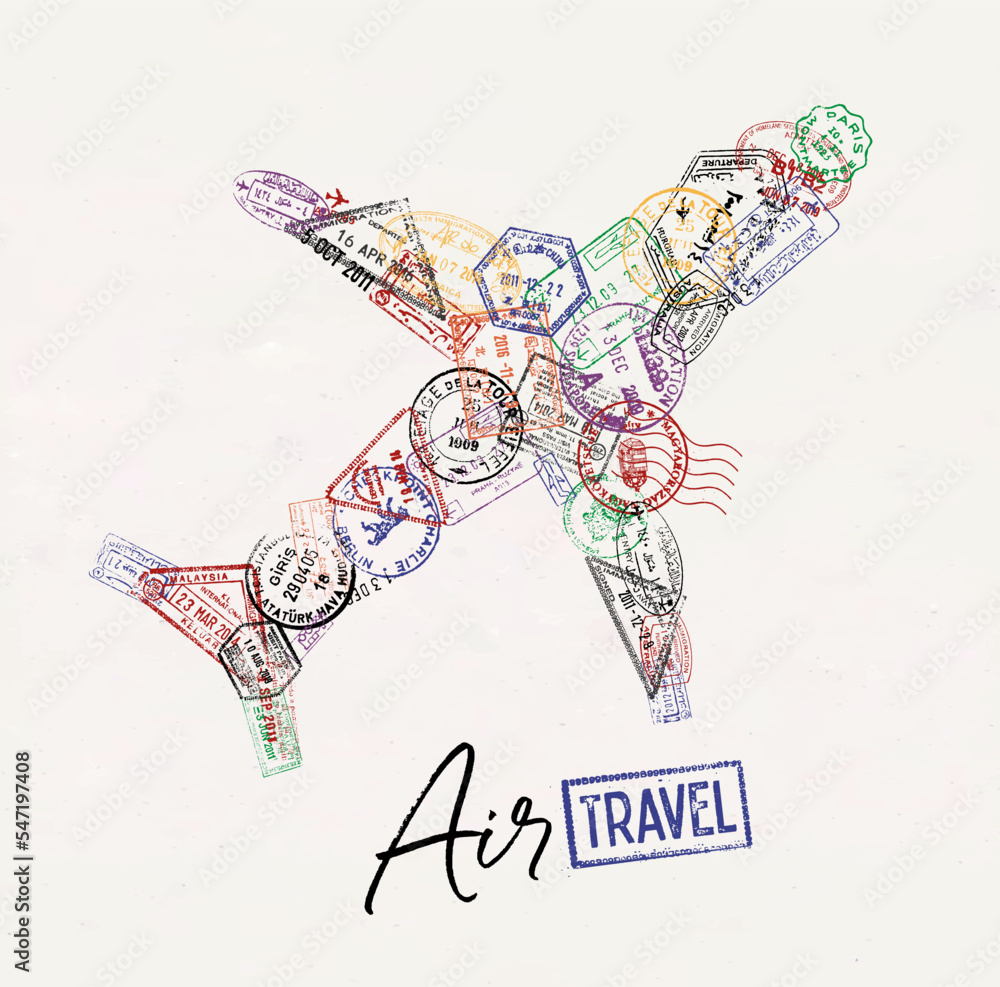 Airplane made from a passport stamps different countries with lettering air travel poster style