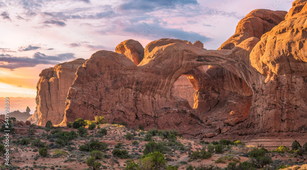 Sunset view of the Double Arch at Arches National Park - Double Arch Trailhead 