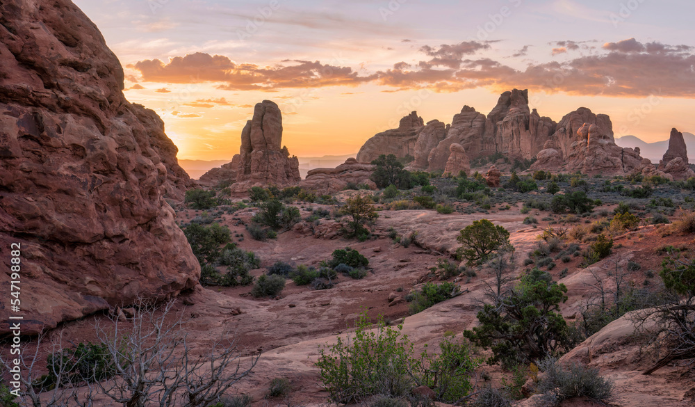 Sunrise view from the North Window Arch at Arches National Park - Windows Trail - Primitive Loop