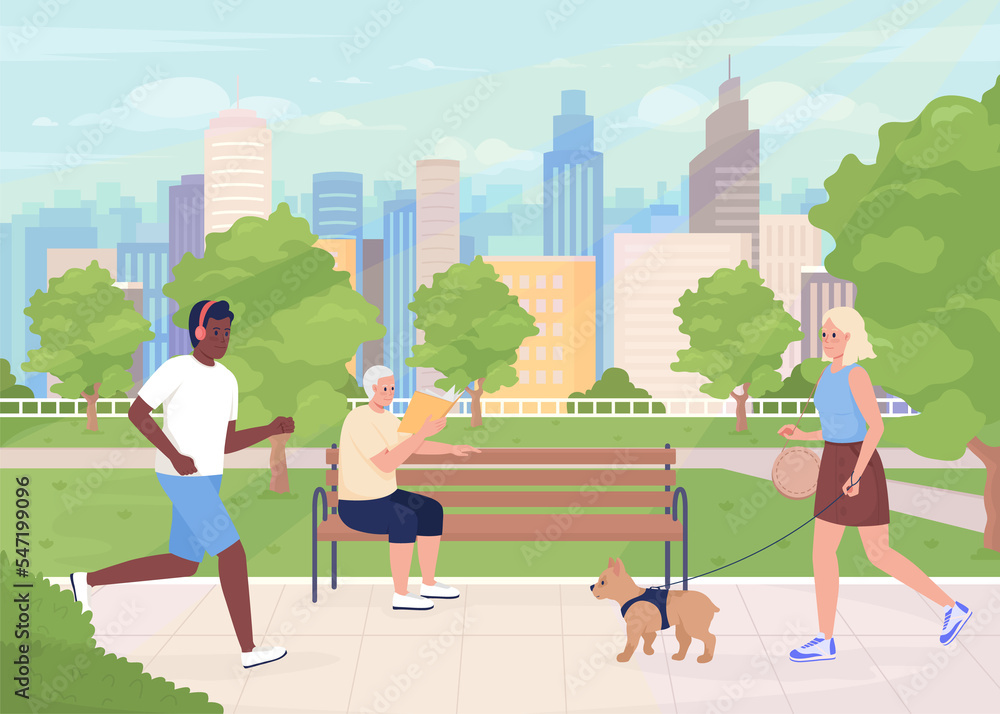 Metropolitan park with visitors flat color raster illustration. Jogging and reading. Green space. People enjoying outdoor activities 2D simple cartoon characters with cityscape on background
