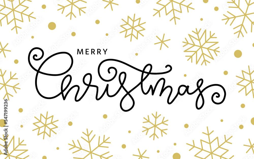 Merry Christmas and Happy New Year hand drawn brush lettering. Xmas background with black ink pen script calligraphy, golden snowflakes. Winter holiday creative typography greeting card banner poster