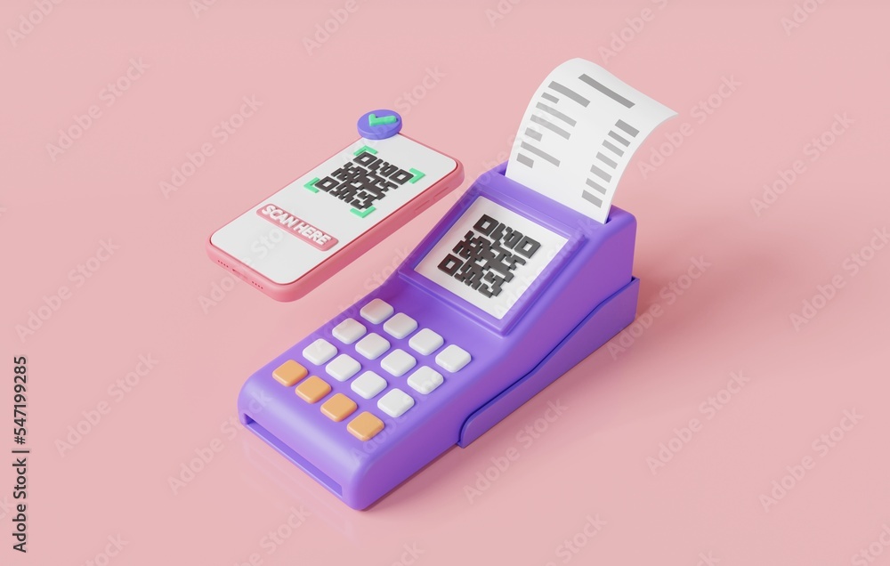 Mobile, Pos terminal and receipt with QR code on screen. online shopping, bill payment, Cashless society, Digital transfer, transactions online. Online payment concept. 3d render illustration Mobile, Pos terminal and receipt with QR code on screen. online shopping, bill payment, Cashless society, Digital transfer, transactions online. Online payment concept. 3d render illustration