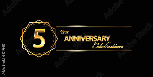 5 anniversary celebration. 5th anniversary celebration. 5 year anniversary celebration with gold shine and black background.