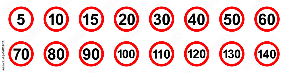 Speed Limit Sign Set. Set of generic speed limit signs with black number and red circle. Vector illustration - obrazy, fototapety, plakaty 