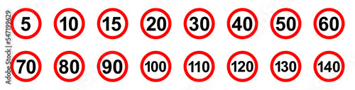 Speed Limit Sign Set. Set of generic speed limit signs with black number and red circle. Vector illustration