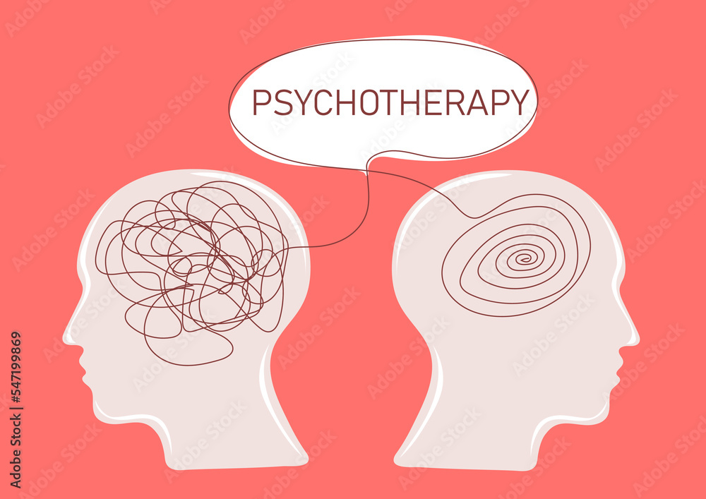 Two human heads silhouette with brain mental health psycho therapy concept. Therapist and patient. Vector illustration for psychologist blog or social media post