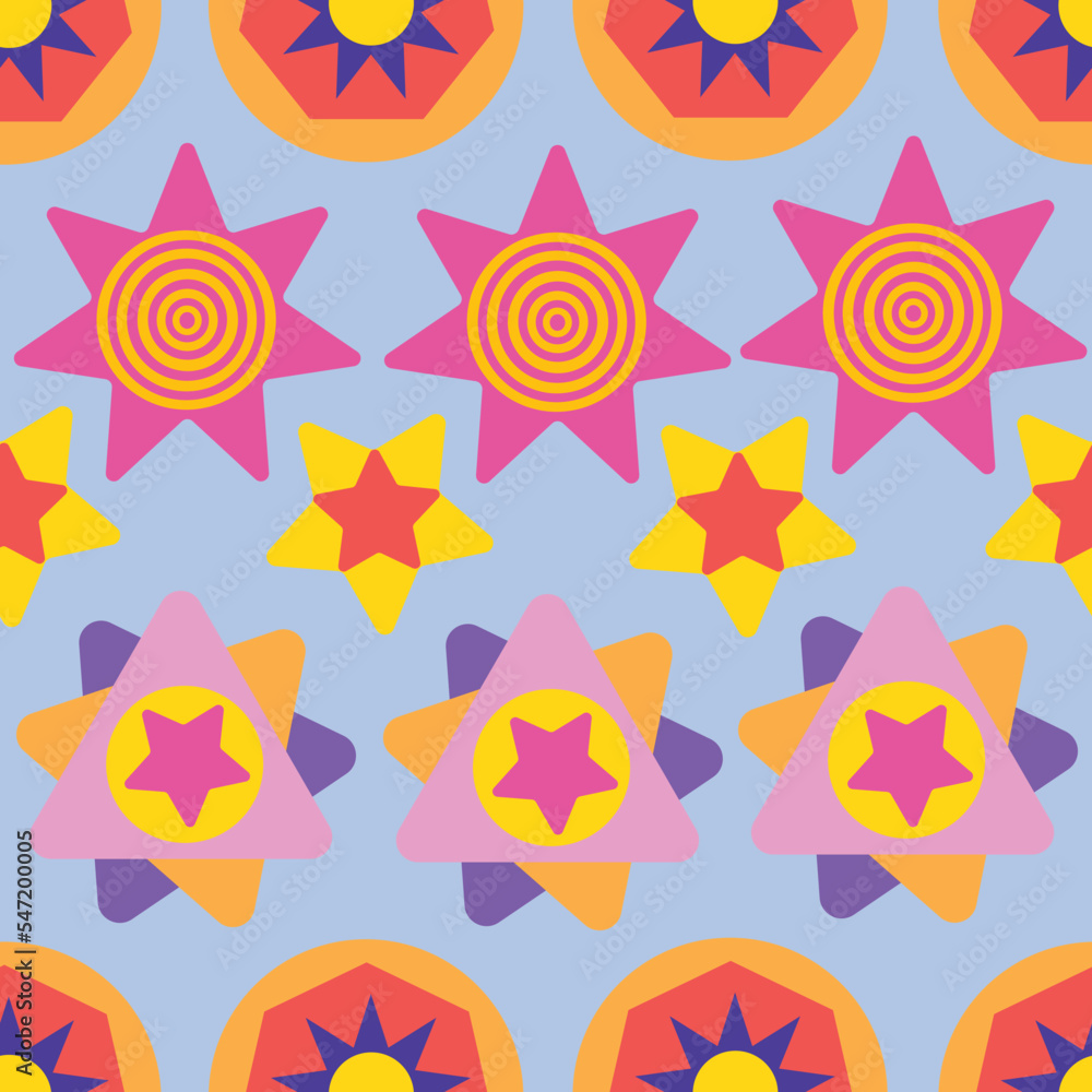 Colourful stylized stars in a row. Striped Christmas and new year seamless pattern.