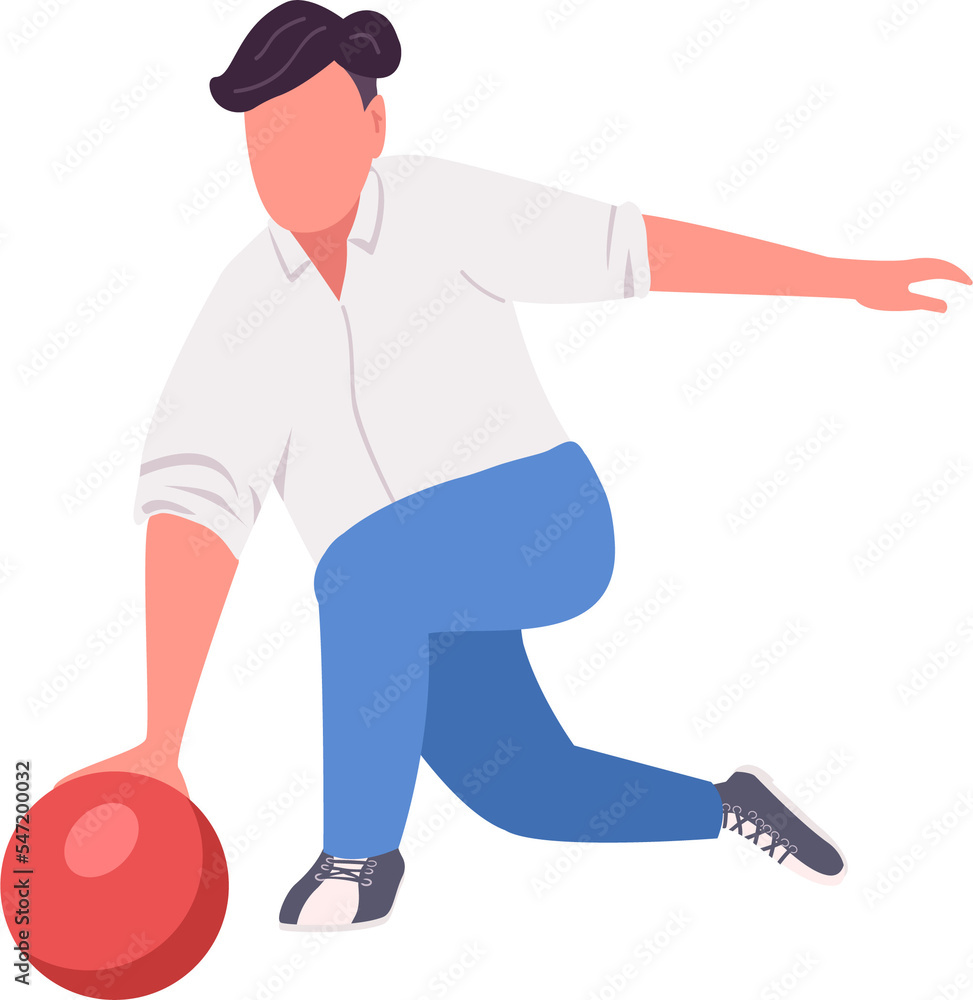 Man throwing bowling ball semi flat color raster character. Posing