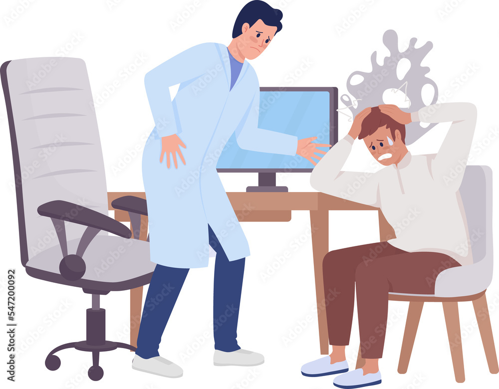 Panic attack at medical checkup semi flat color raster characters. Posing figure. Full body people on white. Worried doctor simple cartoon style illustration for web graphic design and animation Panic attack at medical checkup semi flat color raster characters. Posing figure. Full body people on white. Worried doctor simple cartoon style illustration for web graphic design and animation